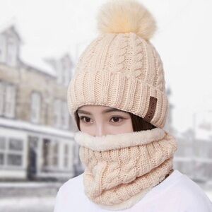 LCZTNCream Knit Beanie and Scarf Set with Fur Pom LINED STOCKING HAT